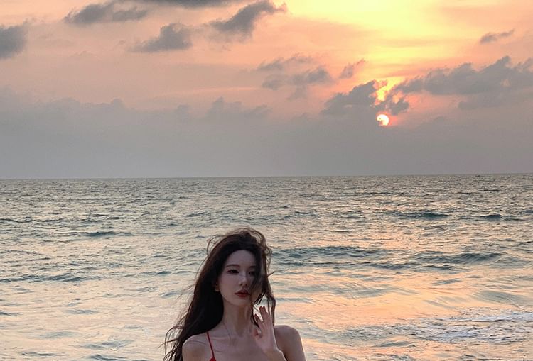 Dress Maxi Plain A-Line Ruffle Plunge Back Trim Strap Slit Open V-Neck Spaghetti