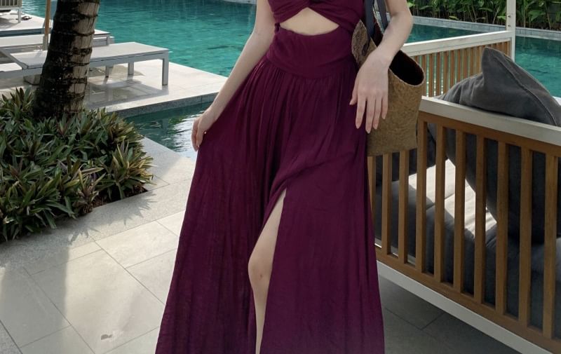 Knot Strap A-Line V-Neck Maxi Slit Plain Dress Cutout Spaghetti