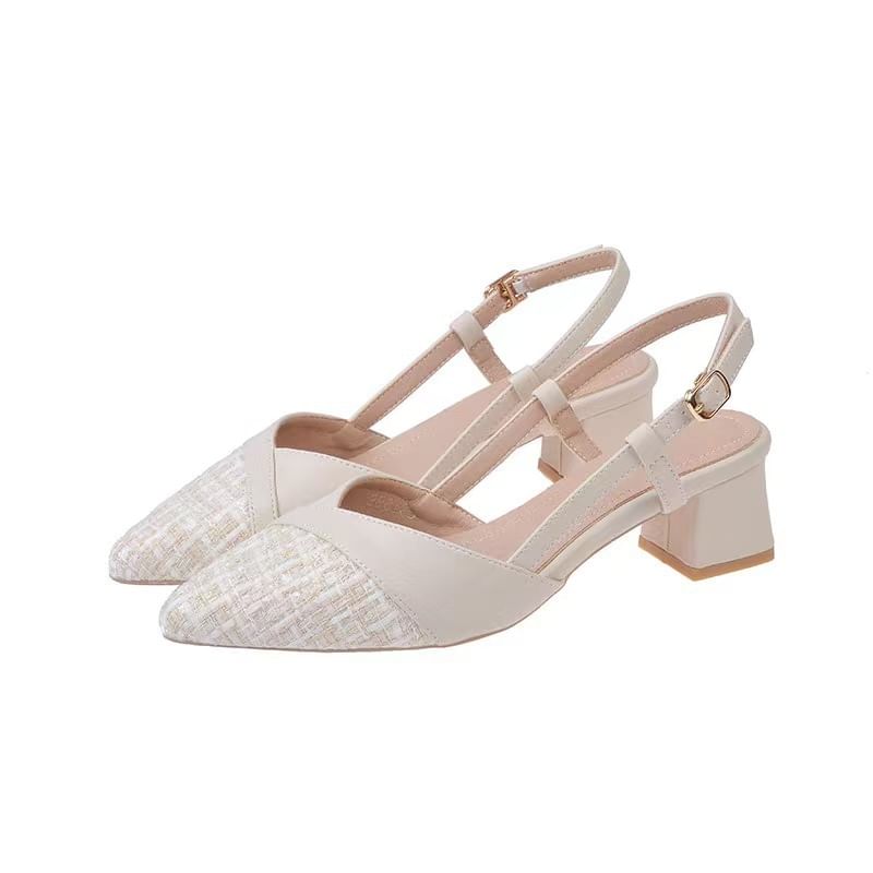 Tweed Pumps Block Slingback Toe Pointed Heel Panel