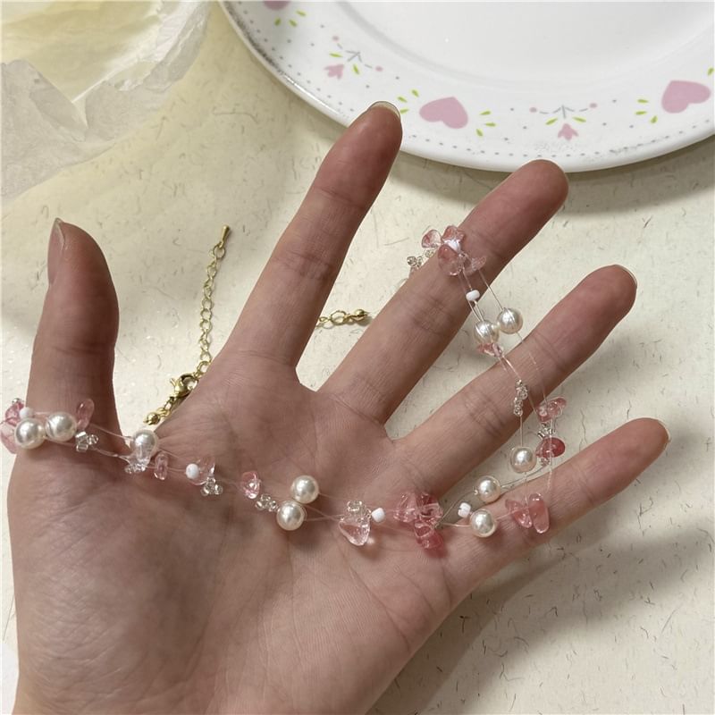 Faux Crystal Layered Choker Pearl