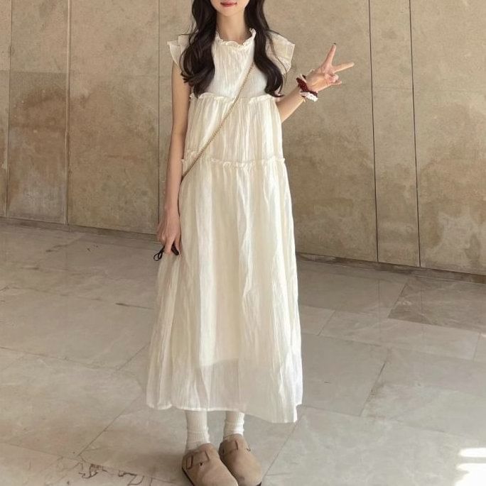 A-Line Cap-Sleeve Dress Plain Midi Sheer