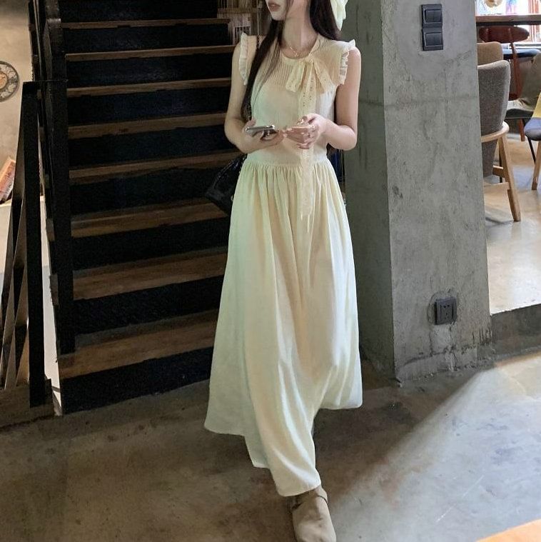 Crewneck Dress Plain Sleeveless A-Line Midi