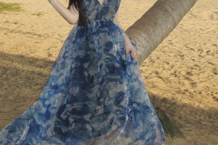 A-Line Dress Tie Maxi Strap Dye V-Neck Spaghetti Print