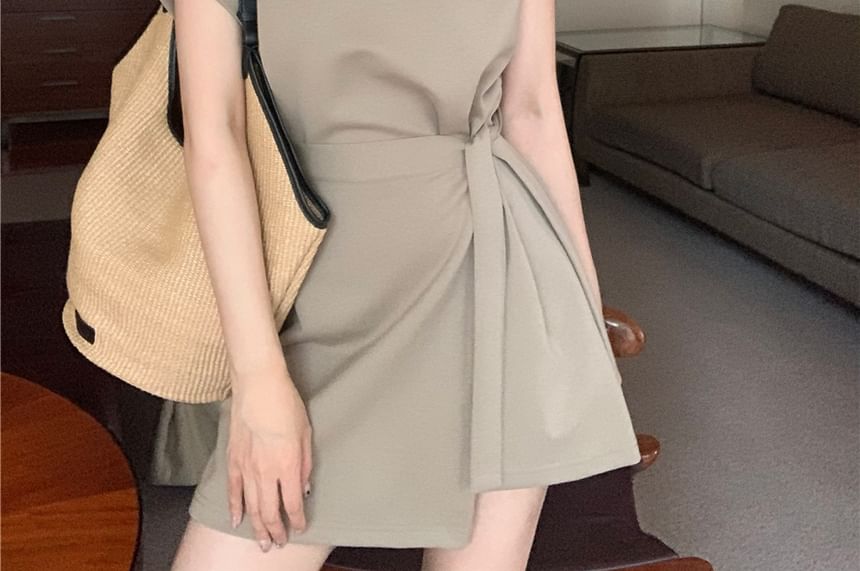 Crew Lettering Plain Embossed Dress Mock Piece Neck Short-Sleeve Two Mini A-Line