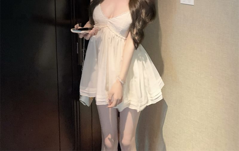 Trim Sundress Lace V-Neck Spaghetti Mini Plain Strap