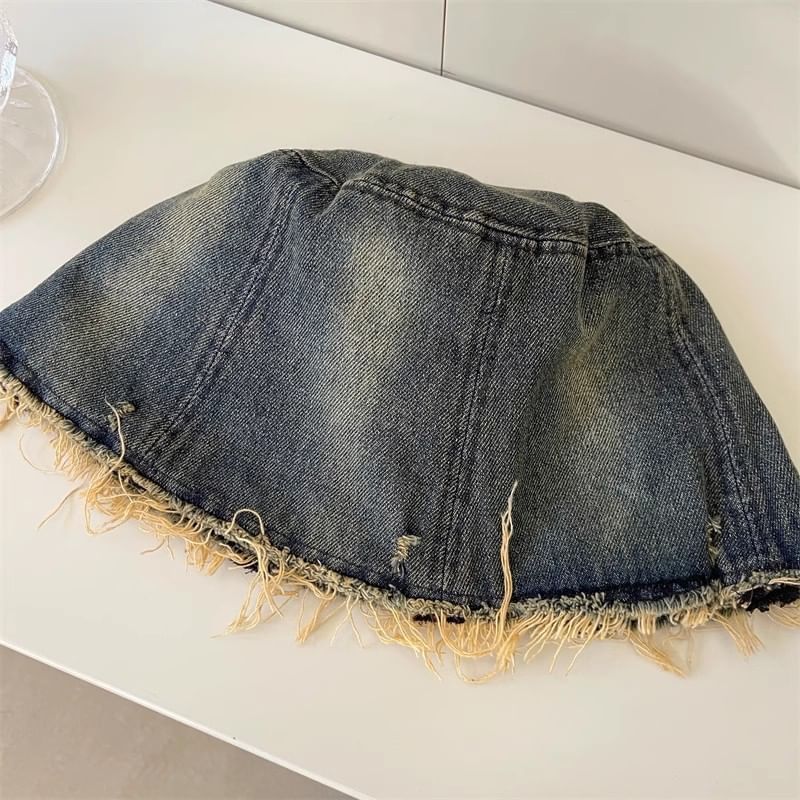 Hat Bucket With Embroidery Brim Distressed Butterfly