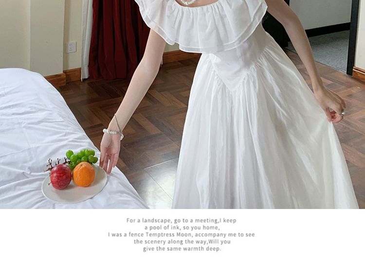 Off-Shoulder Ruffle Maxi Plain A-Line Ruched Short-Sleeve Dress Trim