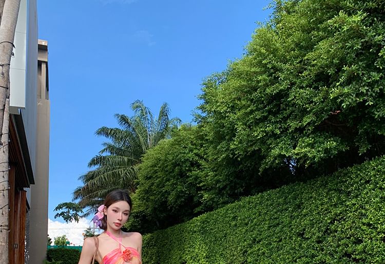 Dress Ruched Floral Neck Halter Open Dye A-Line Back Maxi Accent Tie