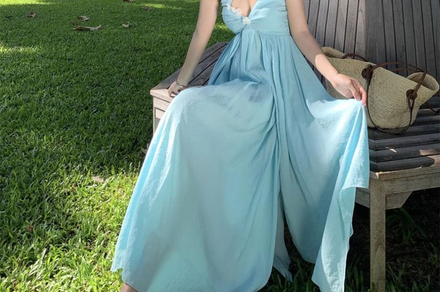 Ruched Back Dress Open Layered A-Line Floral Neck Maxi Accent Plain Halter