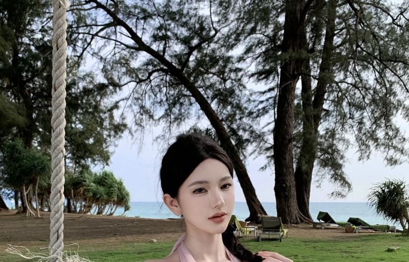 High Halter Asymmetrical Ruffle Back Set: Open Top Skirt A-Line V-Neck Rise Layered Plain +