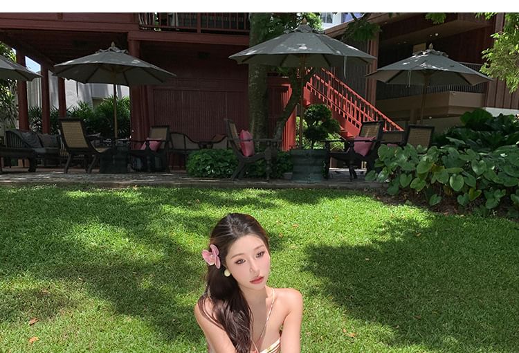 A-Line Cutout Maxi Halter Open Print Back Pleated Neck Dress Floral