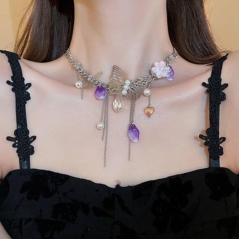 Butterfly Earring Necklace Fringed /