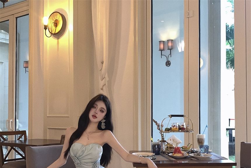 Strapless Plain Side-Slit A-Line Dress Maxi