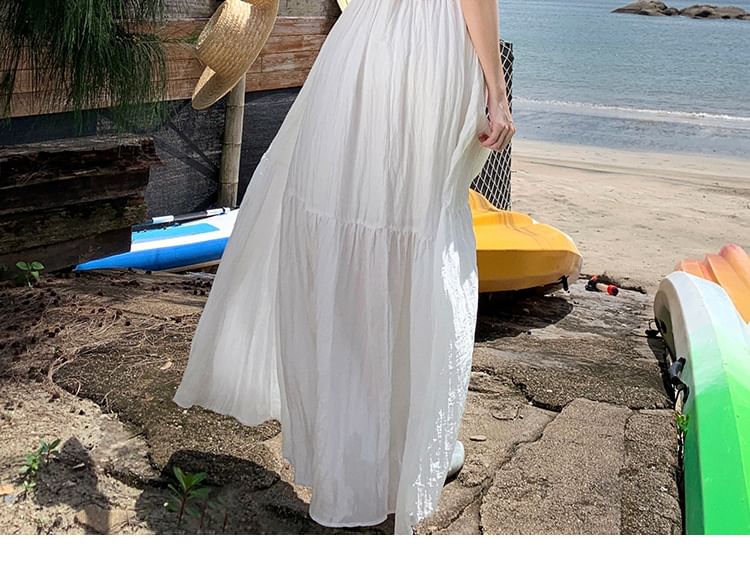 Back Plain Dress Sleeveless Trim A-Line Lace Maxi Open