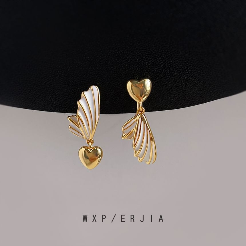 On Clip Heart Earring Wing Drop Asymmetrical