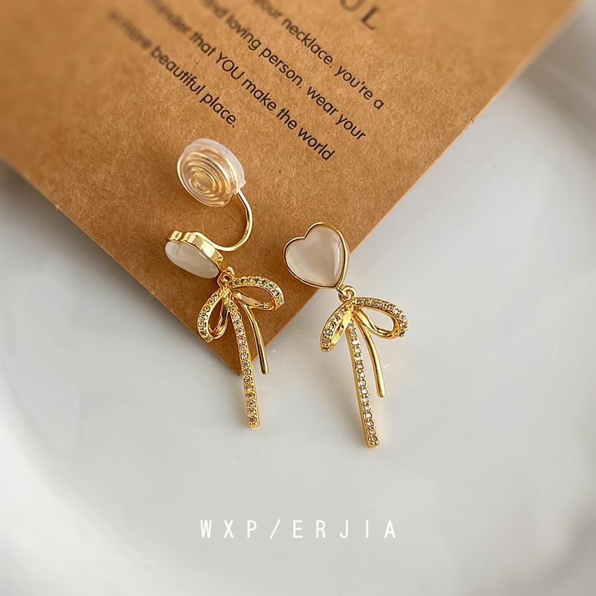 Earring Rhinestone Clip On Heart Drop Bow