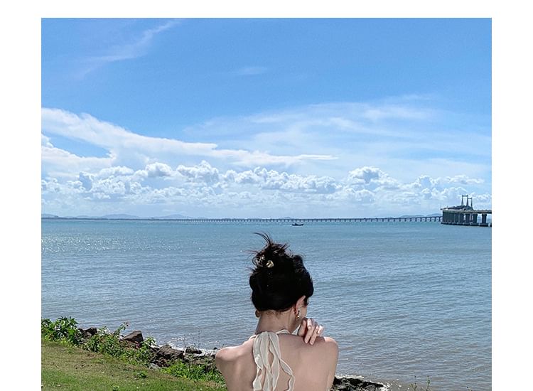 Plain Maxi V-Neck Halter Front-Slit Ruffle Dress A-Line