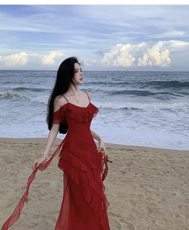 Plain Maxi Sundress Ruffle Cold-Shoulder Asymmetrical