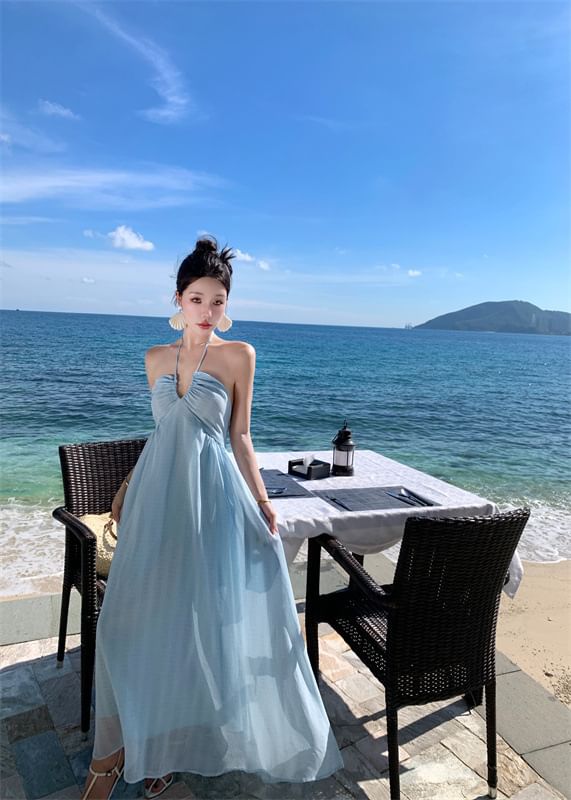 Dress A-Line Tie Plain Back Halter Maxi