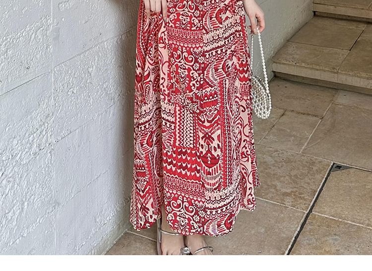 A-Line Dress Print Patterned Slit Maxi Long-Sleeve V-Neck