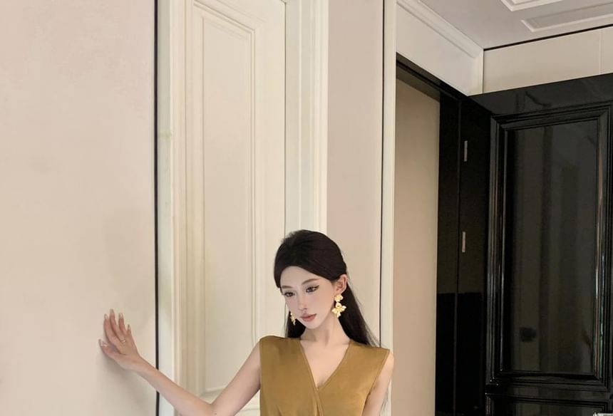 Sheath Plain Slit Dress Wrap Maxi Ruched V-Neck Sleeveless