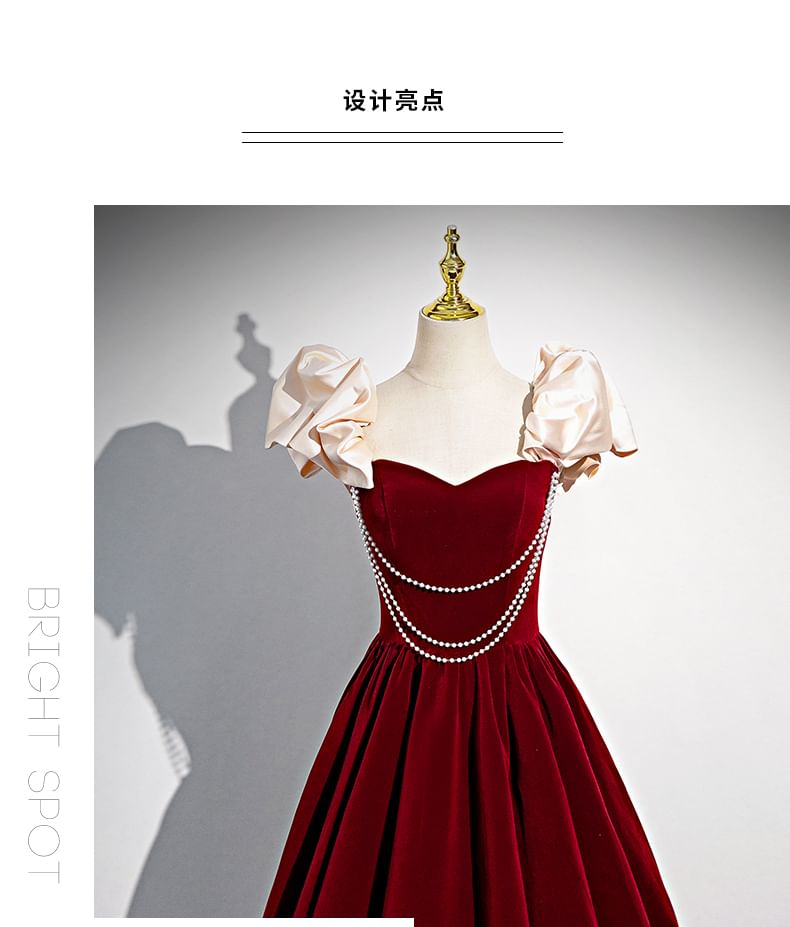 Short-Sleeve Sweetheart-Neckline Faux Pearl Strap A-Line Evening Gown