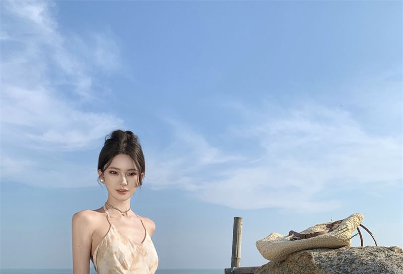 Ruffle Halter Floral Open Trim Maxi Dress Back A-Line