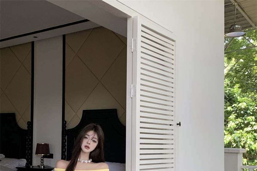 Maxi + A-Line Fit Skirt Set: Off-Shoulder Waist Plain Long-Sleeve Tee High Slim Crop