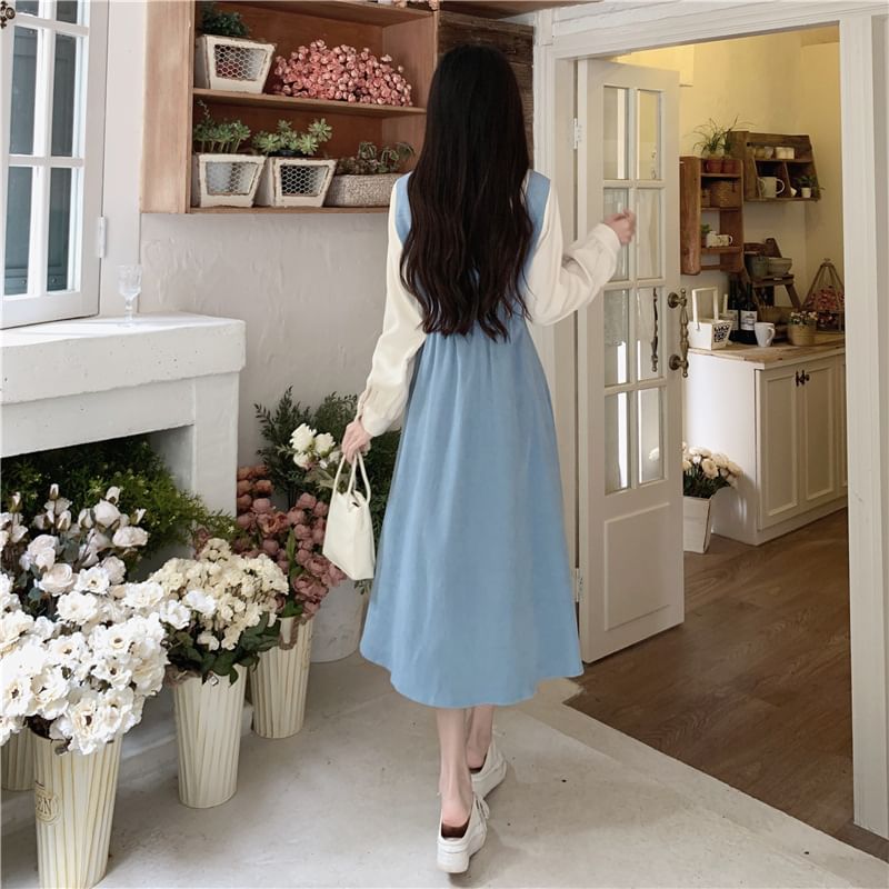 Dress A-Line Midi Two Mock Two-Piece Long-Sleeve Tone