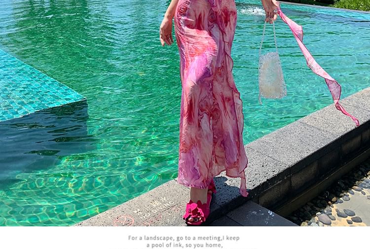 Sundress Strap Spaghetti A-Line Midi Trim Accent Flower Ruffle Tie Dye