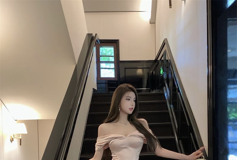 Asymmetrical Dress Plain Mini Ruched Cap-Sleeve Sheath Off-Shoulder