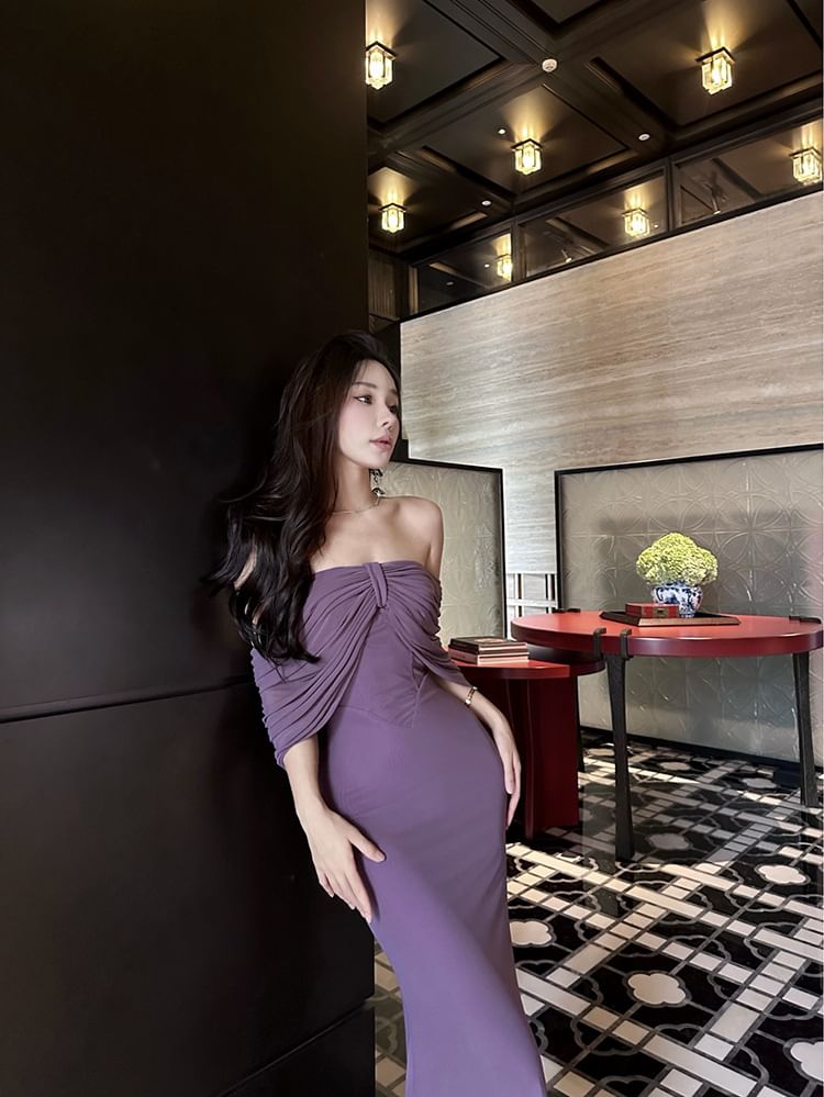 Dress Bow Midi Sheath Plain Strapless