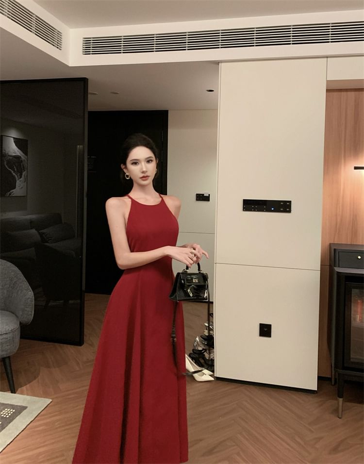 Dress Plain Strap Spaghetti A-Line Midi