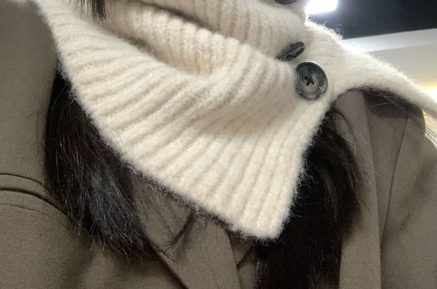 Button Plain Plaid Knit Ribbed Scarf / Snood