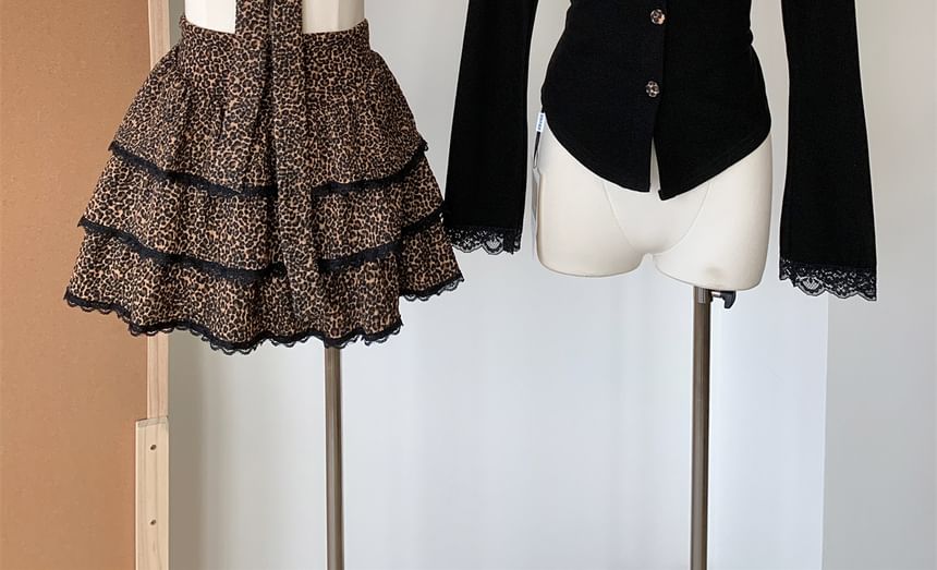 Set: Mini High Skirt + V-Neck Button-Up Top Tiered Waist Plain Print Long-Sleeve Leopard