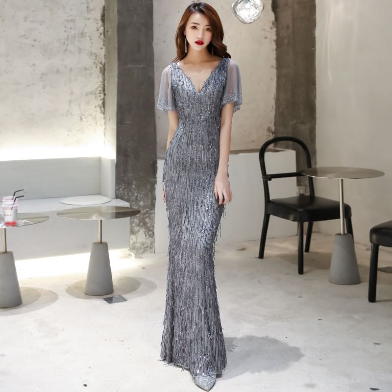 Short-Sleeve V-Neck Floral Sequined Sheath Evening Gown