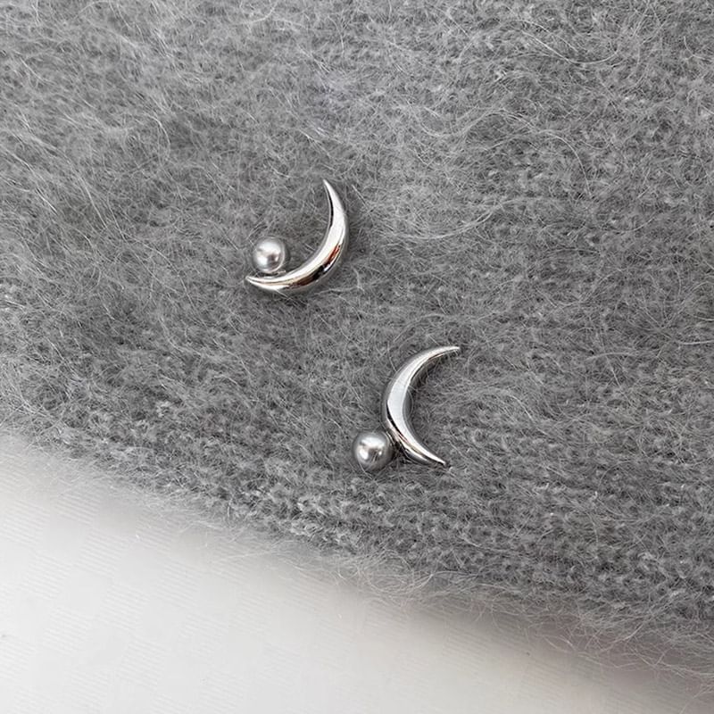 Pearl Crescent Sterling Silver Faux Stud 925 Earring