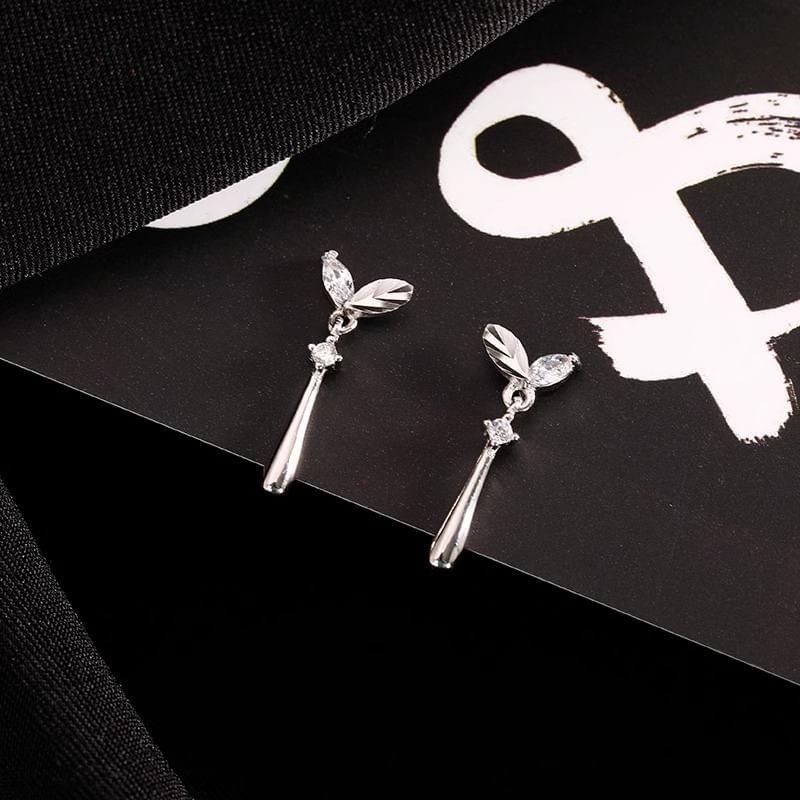 Drop Earring Rhinestone Leaf 925 Silver Sterling