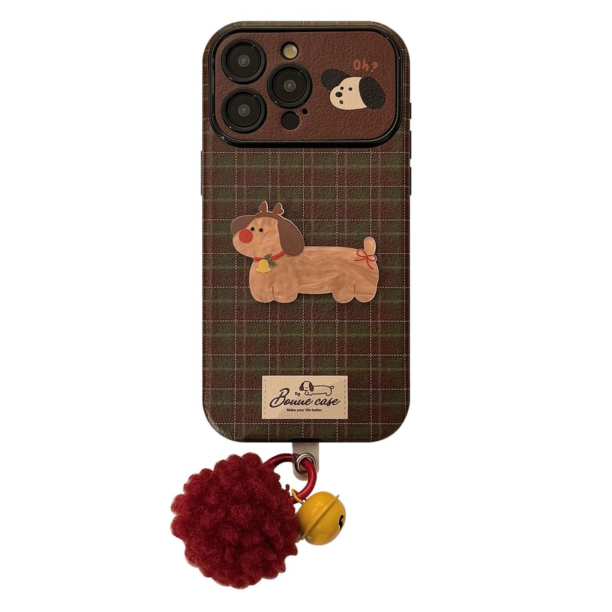 Plaid Pom Case Set Dog Bell Phone Charm /