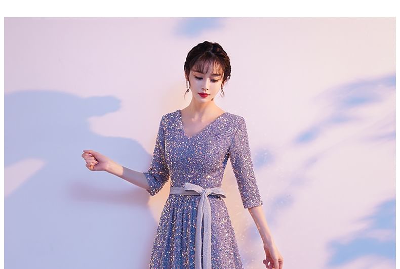 A-Line Sequin Elbow-Sleeve Gown V-Neck Evening