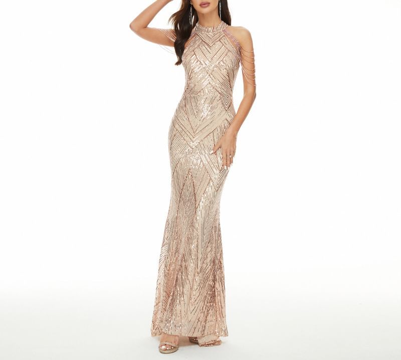 Sequin Beaded Strappy Evening Mermaid Gown Halter