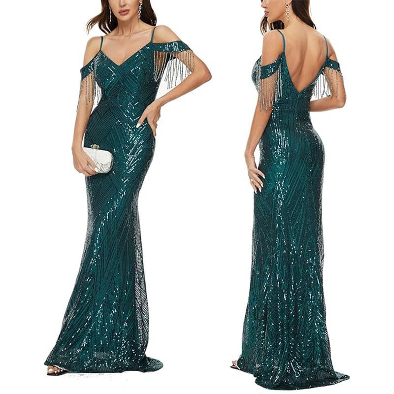 Beaded Gown Sequin Evening Trumpet Cold-Shoulder