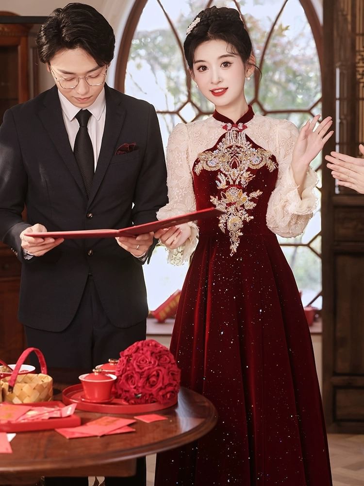 Sequin Gown Puff-Sleeve Flower Embroidered Evening A-Line