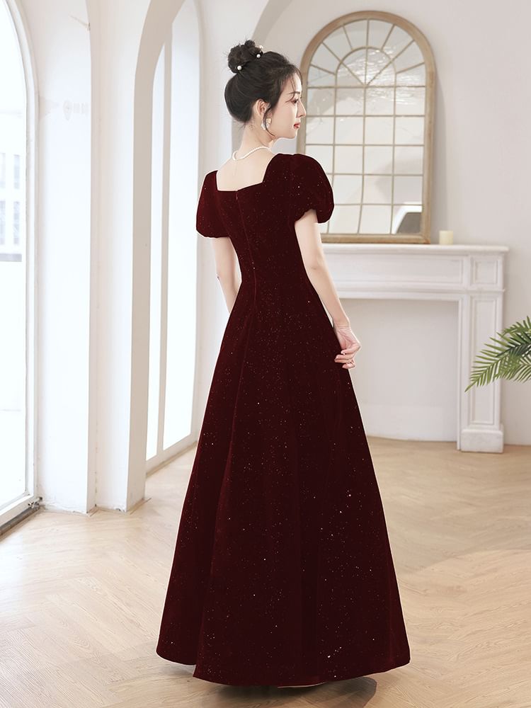 Evening Gown Rhinestone Puff-Sleeve A-Line Sequin