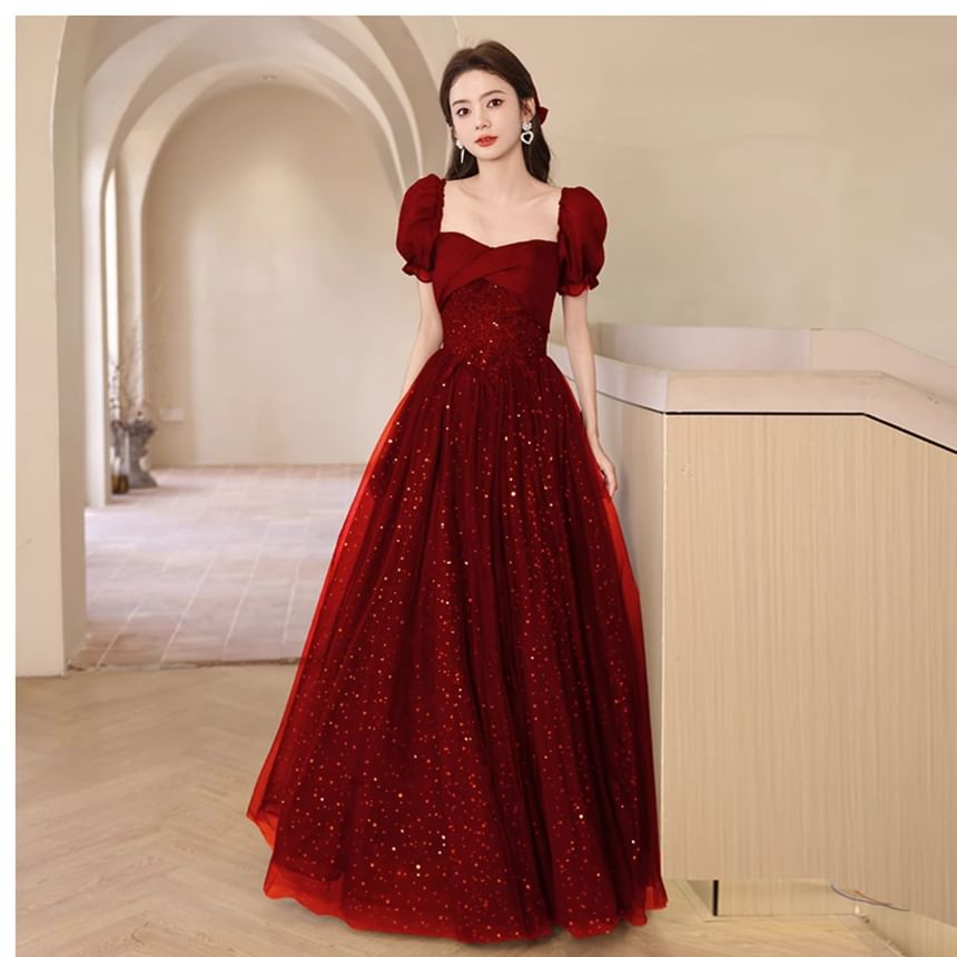 Puff-Sleeve Sequin A-Line Evening Gown