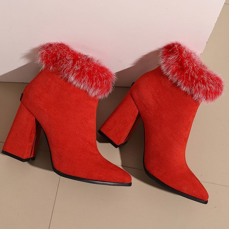 Heel Boots Block Leopard Trim Short Print Furry