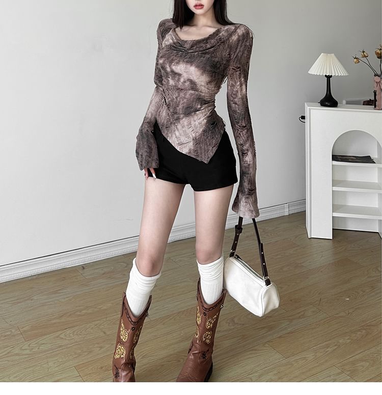 V-Neck Long Tee Distressed Hem Sleeve