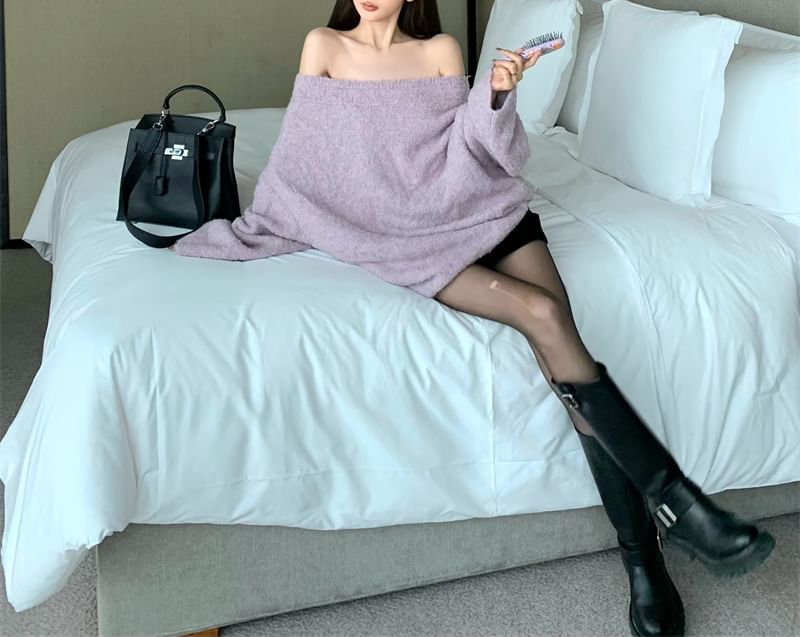 Oversized Plain Drop Shoulder Off Belt / Sweater