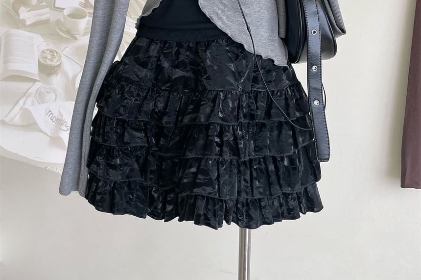 Top Crop Set Long-Sleeve Square Halter A-Line Asymmetrical Mini / Skirt Neck