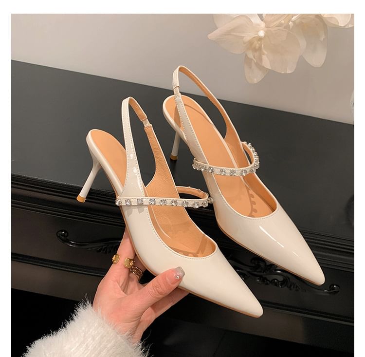 Accent Leather Toe Slingback Rhinestone Stiletto Pointed Sandals Patent